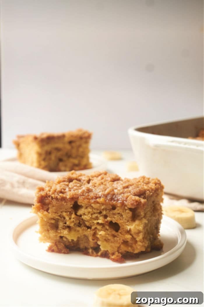 A beautifully textured slice of banana bread cake, ready to be enjoyed as a sweet treat.