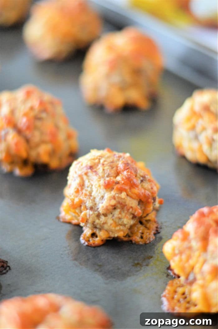 Golden Bisquick Sausage Bites 5 A close-up of a perfectly baked Bisquick Sausage Ball, golden brown and inviting. This image highlights the 'Sausage Balls Without Bisquick Recipe' (but still uses a biscuit mix base) alternative.
