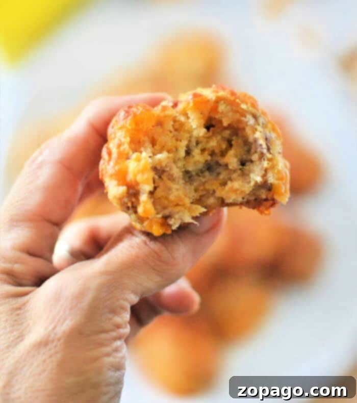 Golden Bisquick Sausage Bites 8 A bowl overflowing with golden-brown 3-ingredient sausage balls, ready to be served as a delicious and easy snack or meal.