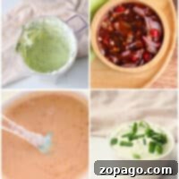 Quad image showcasing four inviting sauces, perfect as a dip for sausage balls: Top left features a green herb sauce in a transparent container. Top right boasts chili sauce with sliced red chilies and onions in a wooden bowl. Bottom left is a light orange sauce being stirred, and the bottom right presents a creamy sauce garnished with chopped green onions.