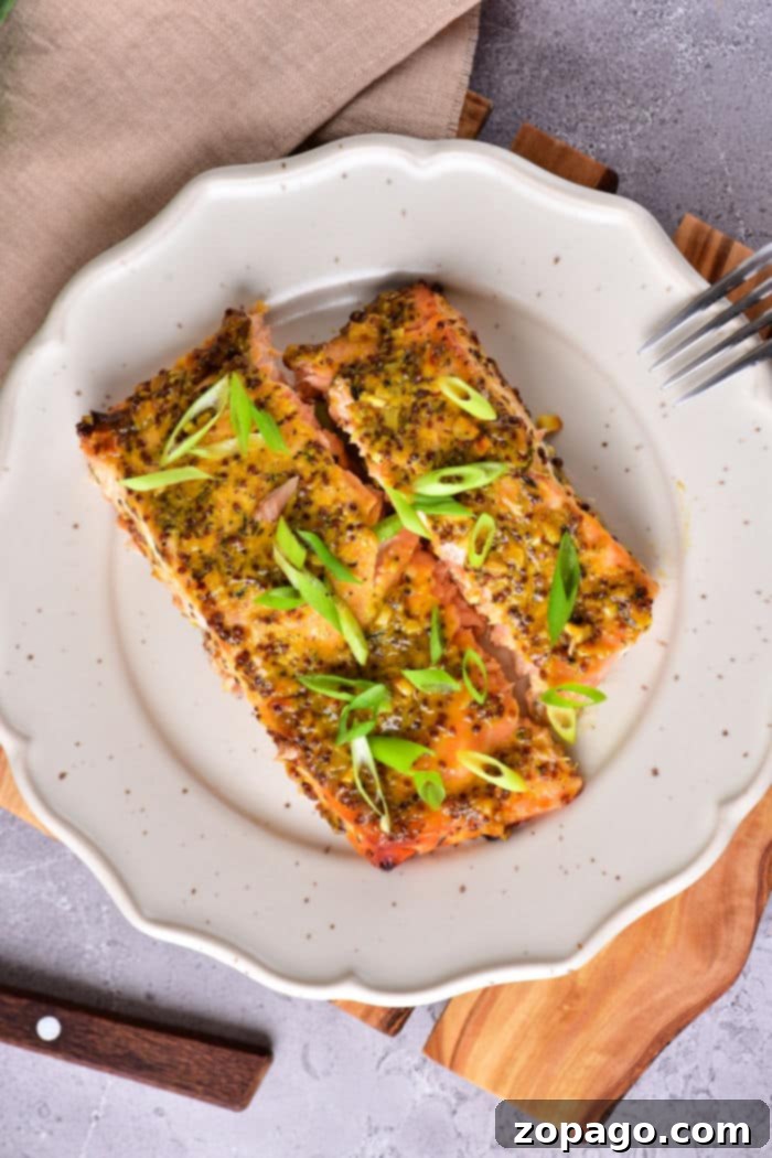 Golden Honey Mustard Salmon 7 Mustard Salmon Air Fryer plated with side dish