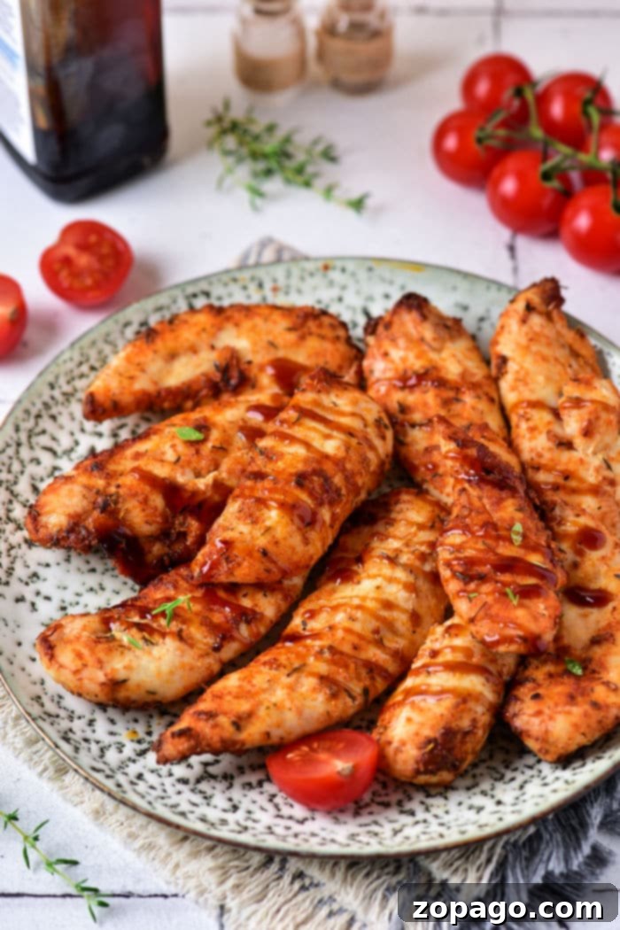 Air Fryer Crispy Frozen Chicken Tenderloins 7 Succulent chicken tenders with a tangy sauce are elegantly plated, garnished with fresh herbs and vibrant cherry tomatoes, effortlessly prepared from frozen chicken tenderloins in an air fryer for ultimate convenience and taste.