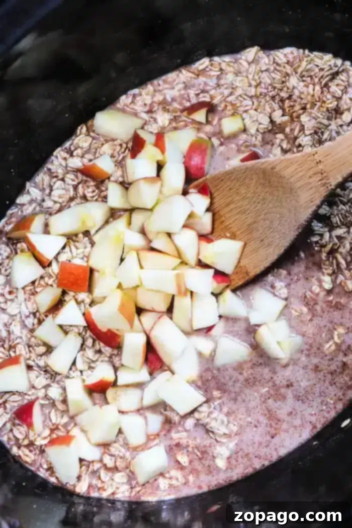 Creamy Slow Cooker Cinnamon Oats 6 A wooden spoon stirs chopped apples into a mixture of oats and liquid in a black slow cooker. The fragrant cinnamon oatmeal mixture, possibly uncooked, shows raw oats and small cubes of apple scattered throughout.