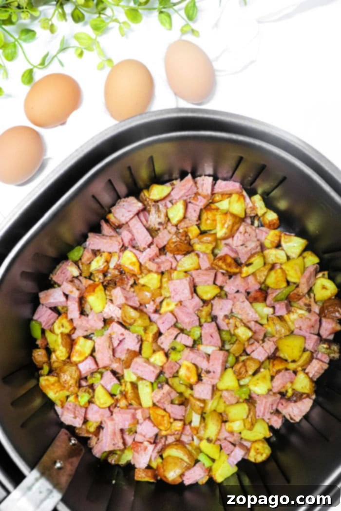 Crispy Air Fryer Corned Beef Hash 5 Crispy Air Fryer Corned Beef Hash with golden brown potatoes and meat, garnished with fresh chives.
