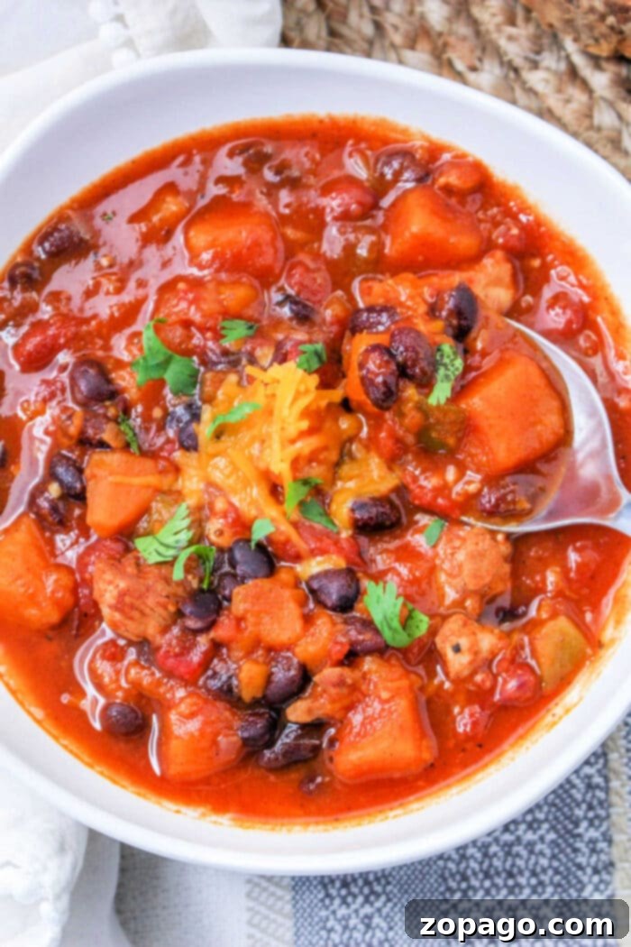 Comforting Sweet Potato Chili 2 Instant Pot Sweet Potato Chili with Black Beans, garnished with fresh cilantro and cheese.