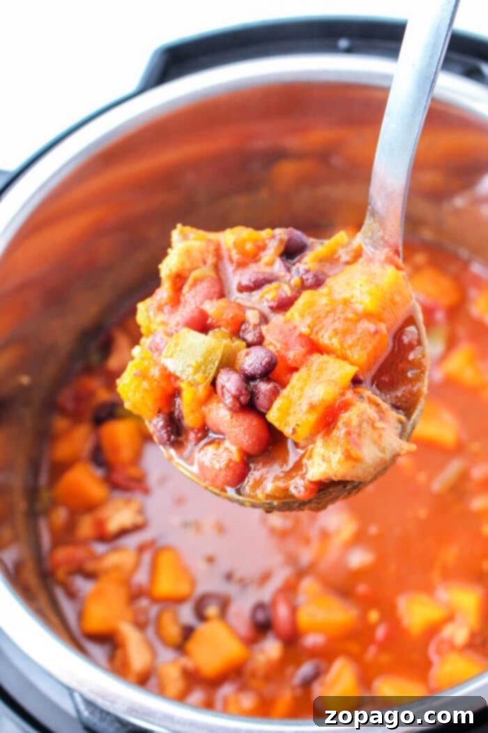 Hearty Sweet Potato Chili 5 A ladle of chunky Sweet Potato Chili Instant Pot stew held over a pot of the same hearty vegetable and bean stew.