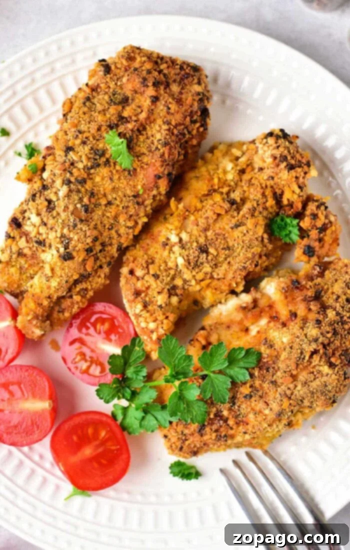 Golden Almond Chicken 2 A plate with three perfectly golden-brown, almond-crusted chicken tenders garnished with fresh parsley. Sliced cherry tomatoes add a vibrant touch on the side. A fork is partially visible, ready for enjoyment.