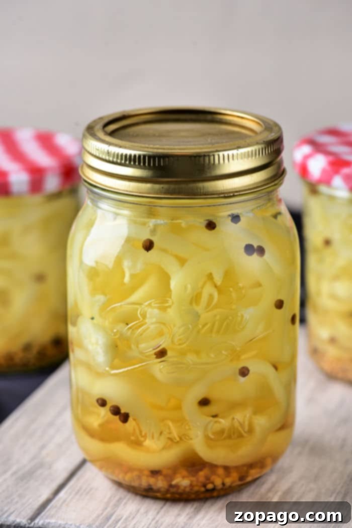 Crisp Golden Banana Pepper Rings 6 A beautifully arranged selection of vibrant pickled banana peppers, still life composition, showcasing the deliciousness and visual appeal of homemade pickled vegetables.