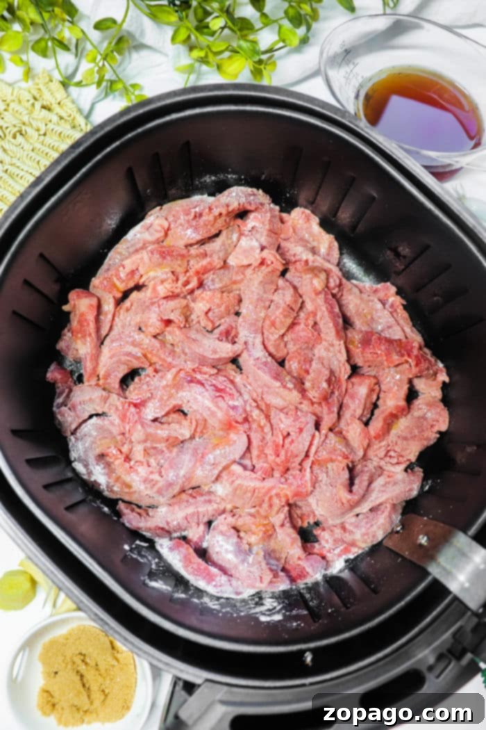 Air Fryer Mongolian Beef 3 Beef Strips in Air Fryer