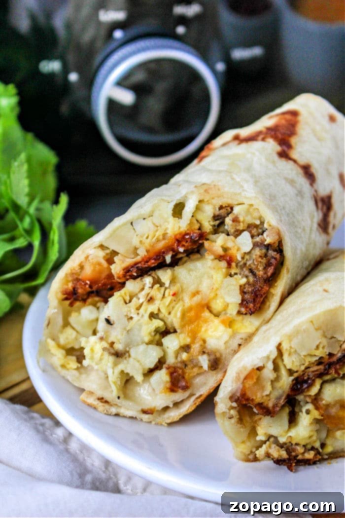 Effortless Slow Cooker Breakfast Scramble 7 Close-up of slow cooker breakfast burritos, illustrating a creative use for slow cooker eggs.
