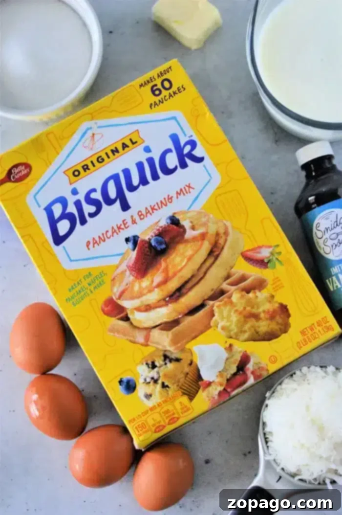 Easy Crustless Coconut Bisquick Impossible Pie 3 A box of Bisquick pancake and baking mix alongside three eggs, a bowl of milk, a stick of butter, vanilla extract, and shredded coconut, all ingredients ready for the Bisquick Impossible Coconut Pie recipe.