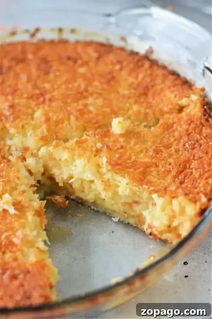 Easy Crustless Coconut Bisquick Impossible Pie 6 A close-up view of a baked Bisquick Impossible Coconut Pie in a round glass dish, with one slice already removed, revealing the creamy, custardy interior and a golden, coconut-flecked top.