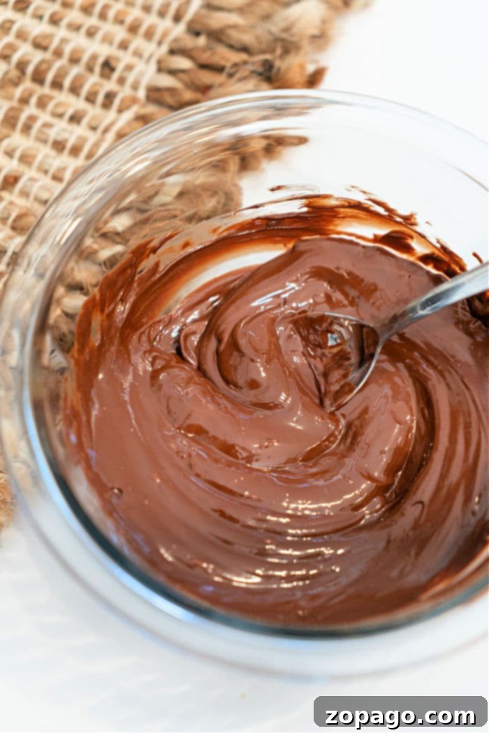 Perfect Microwave Chocolate Chips 2 Velvety smooth melted chocolate chips in a microwave-safe bowl, with a spoon ready for dipping.