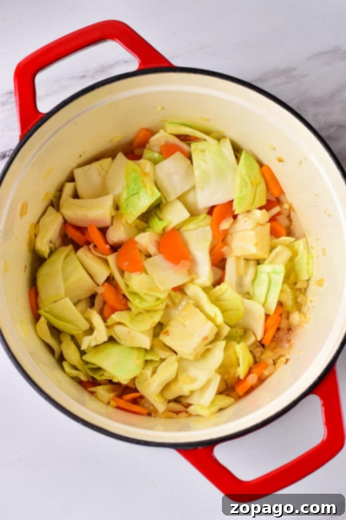 Hearty Cabbage Stew 4 Freshly cut green cabbage and vibrant orange carrots, ready to be added to a delicious stew.