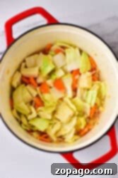 Hearty Cabbage Stew 6 A red pot brimming with the beginnings of a hearty cabbage stew recipe sits invitingly on a marble surface, filled with vibrant chopped cabbage, carrots, and onions.