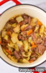 Hearty Cabbage Stew 7 A delightful cabbage stew recipe featuring a pot filled with tender corned beef, savory cabbage, and vibrant carrots, simmering gently.