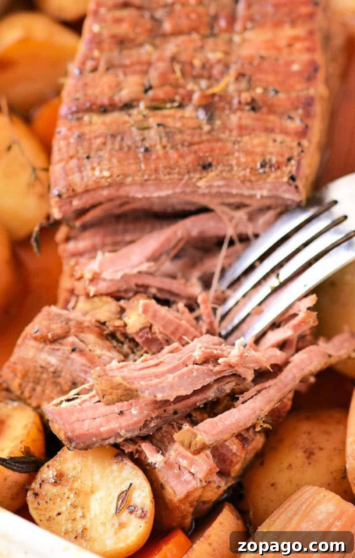 Slow Roasted Chuck 2 A fork shredding tender, cooked pot roast with potatoes and carrots in the background—discover how long to cook chuck roast in oven at 350 for perfectly juicy results every time.