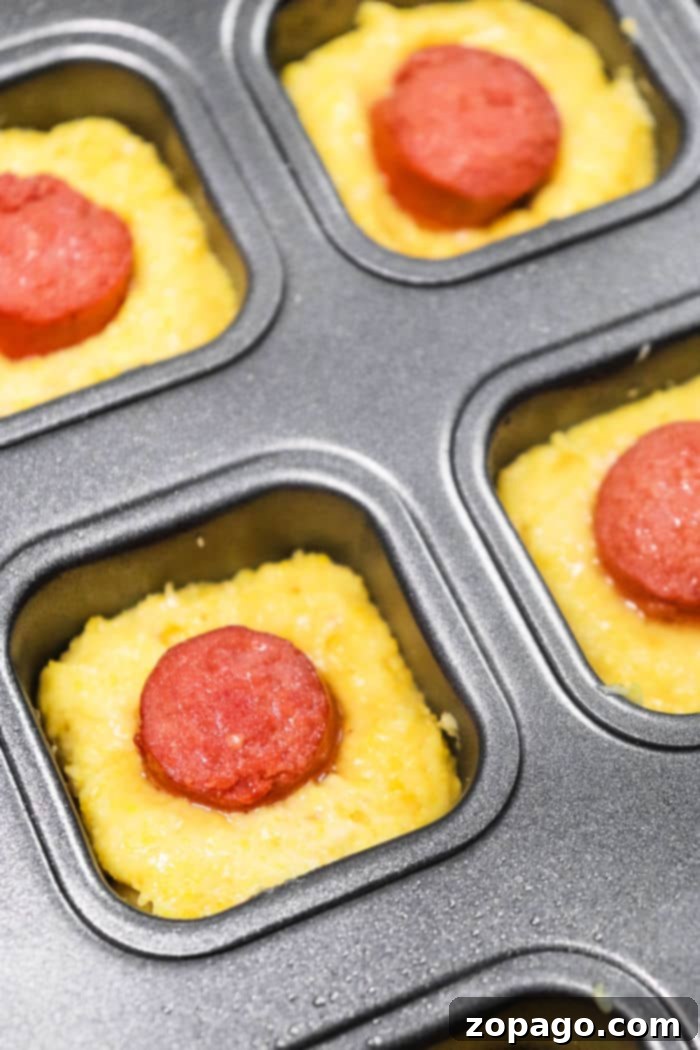 Golden Corn Dog Nuggets 4 Freshly baked Mini Corn Dog Muffins cooling on a wire rack, showing their golden tops.