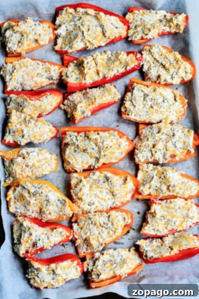 Mini Stuffed Sweet Peppers 2 Delicious Stuffed Mini Sweet Peppers with a creamy filling, ready to be served as an appetizer.