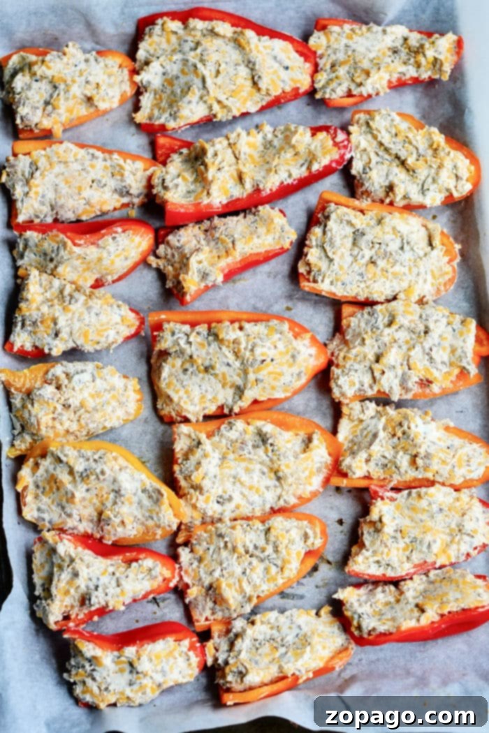 Mini Stuffed Sweet Peppers 8 An overhead shot of freshly baked cream cheese stuffed mini sweet peppers, perfectly golden and ready to be served.