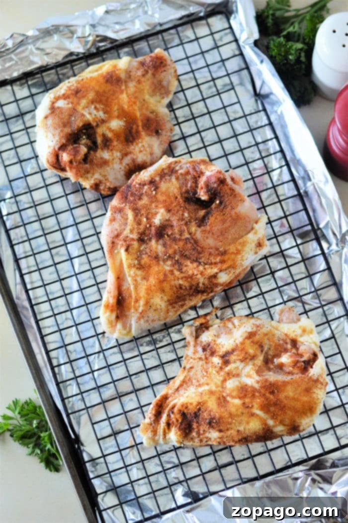 Oven Baked Chicken Breast 350 Degrees Cooking Time Guide 5 Three seasoned chicken breast on a wire rack over foil, ready for baking at 350°F—a perfect setup reminiscent of how you’d prepare chicken breast to achieve tender results.