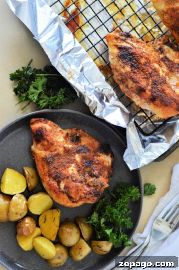 How Long to Bake Chicken Breast at 350F 7 Baked chicken breast with roasted potatoes and parsley on a plate, next to more chicken on a foil-lined rack. Wondering how long to cook chicken breast in oven at 350? Its about 25-30 minutes for juicy perfection.