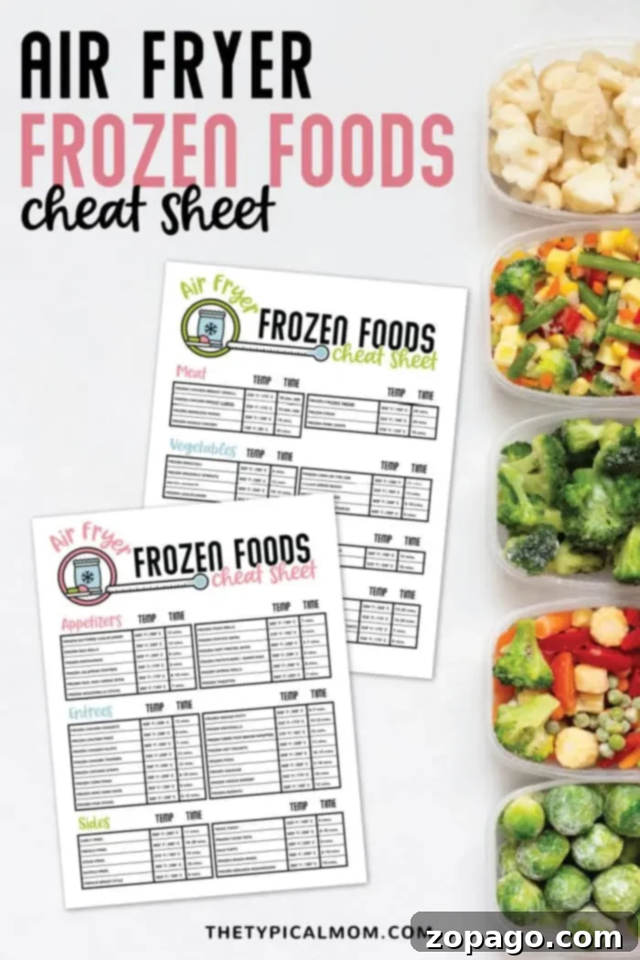 Crispy Air Fryer Frozen Food Cook Times 5 Image showing an "Air Fryer Frozen Foods Cheat Sheet" with two printable sheets displaying air fryer frozen food cook times and temperatures for various items. To the right, containers of frozen cauliflower, mixed vegetables, and broccoli are arranged vertically.