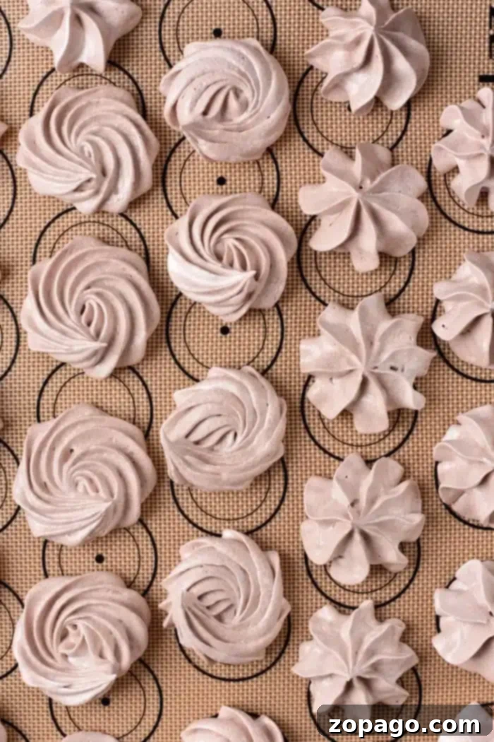 Crisp Chocolate Meringues 5 Rows of light brown chocolate meringue cookies arranged on a baking mat, showing swirl and star patterns.