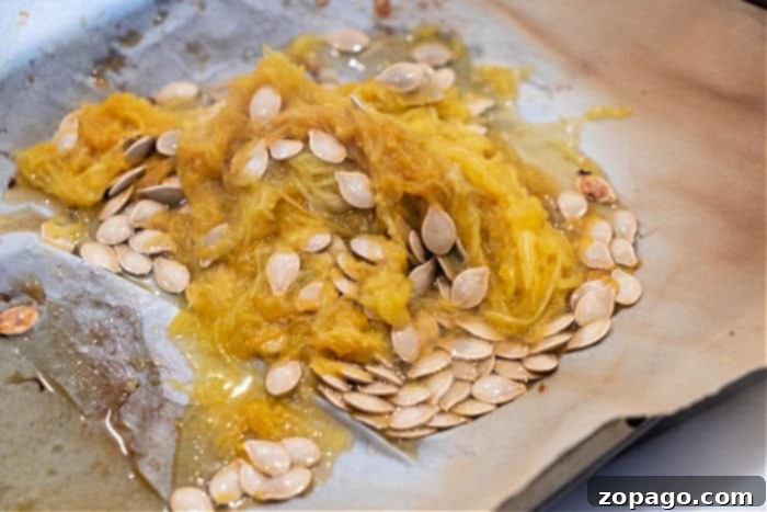 Crispy Spaghetti Squash Seeds 4 Roasted spaghetti squash seeds and pulp on parchment paper, freshly scooped from a cut spaghetti squash