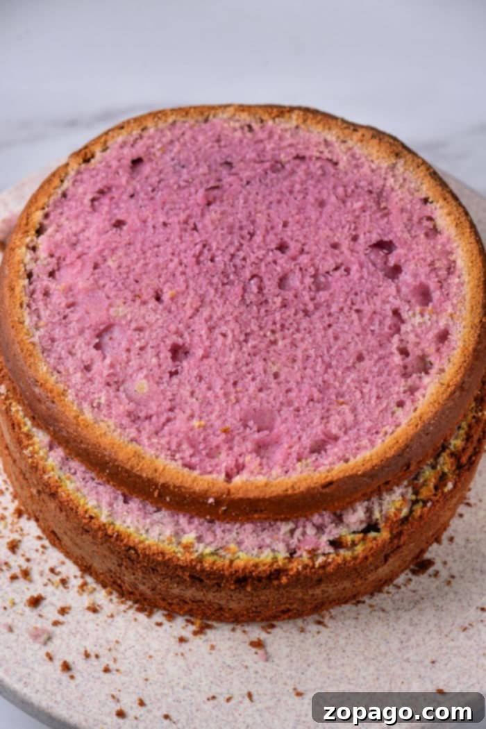 Bake a Vibrant Purple Cake 4 Beautiful three-tiered Pink and Purple Cake with smooth buttercream frosting and fresh flowers