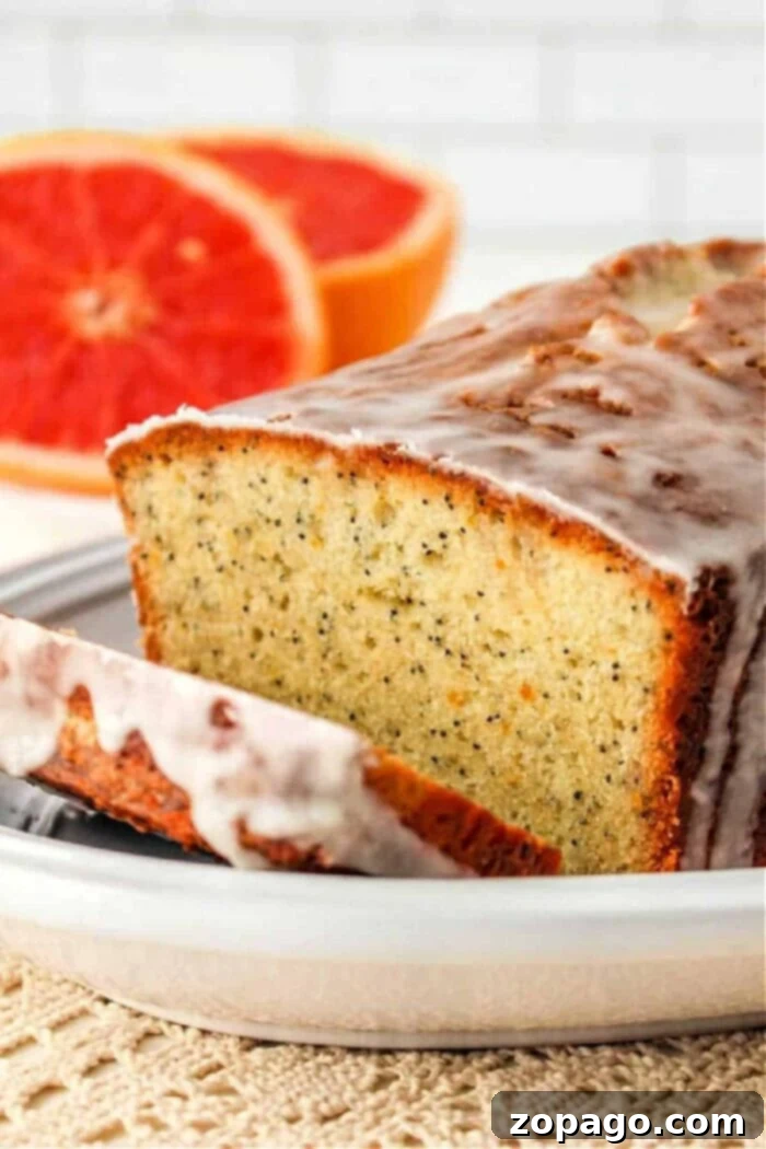 Zesty Grapefruit Cake 2 A loaf of poppy seed bread with a glaze sits on a white plate. A slice has been cut from the loaf and is placed next to it, resembling a grapefruit cake. In the background, there are two halves of a grapefruit. The scene is set on a textured beige surface.