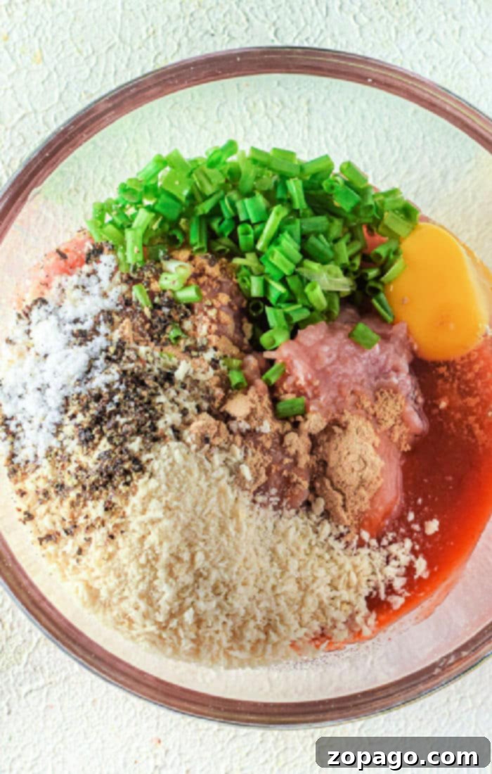 Crispy Air Fried Chicken Meatballs 3 A glass bowl holds the preparation for Air Fryer Chicken Meatballs: raw minced meat, an egg, breadcrumbs, chopped green onions, black pepper, salt, ginger powder, and a drizzle of red sauce ready to be transformed into flavorful bites.
