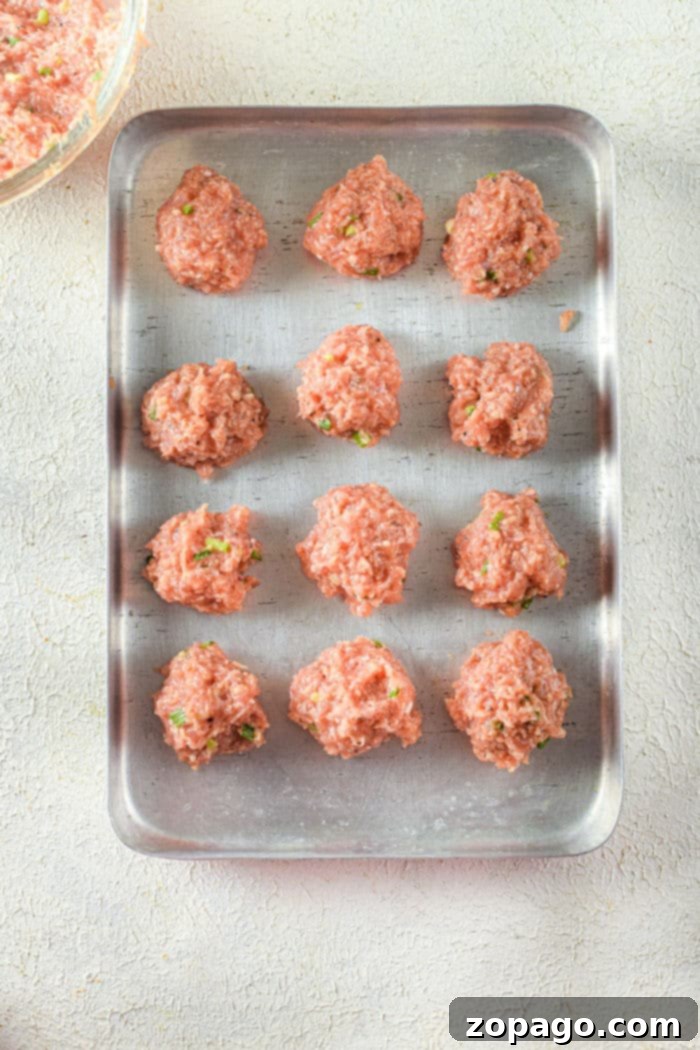 Crispy Air Fried Chicken Meatballs 6 A metal baking tray holds twelve evenly spaced chicken meatballs, ready for the air fryer. The pink meatballs are flecked with visible herbs and spices, arranged in four neat rows. The tray rests on a textured, light-colored surface, promising a deliciously crisp finish.