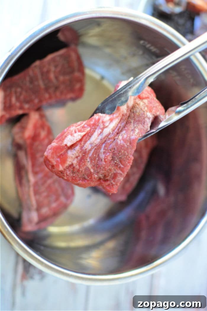 Effortless Instant Pot Birria Tacos with Rich Consommé 3 A pair of tongs holding raw beef over a metal pot, ready to transform them into flavorful Instant Pot Birria Tacos that are sure to delight.