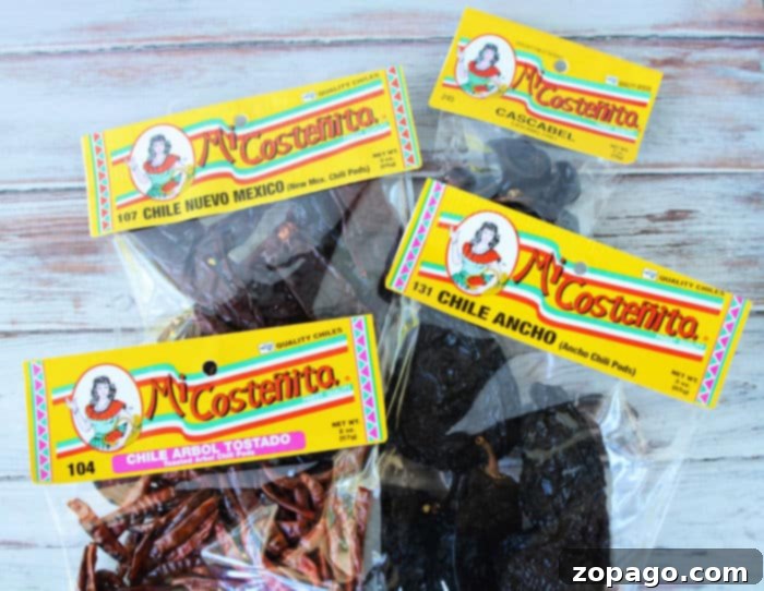 Effortless Instant Pot Birria Tacos with Rich Consommé 4 A close-up of a bowl of various dried chili peppers including cascabel, ancho, New Mexico, and de arbol, essential for making authentic birria sauce.