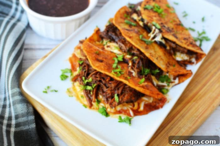 Effortless Instant Pot Birria Tacos with Rich Consommé 9 Instant Pot Chicken Birria Tacos, close-up of a taco with shredded chicken, melted cheese, and fresh toppings.