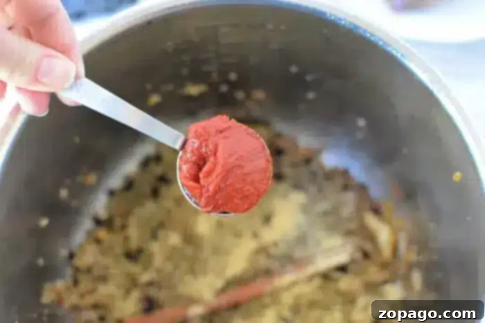 Birria Taco Sauce 3 A spoonful of tomato paste is held over a pot, poised to join the simmering ingredients transforming into a rich birria tacos sauce. The pot's browned bits and seasonings, including a cinnamon stick, hint at the warm depth of flavors in preparation for this delectable stew.