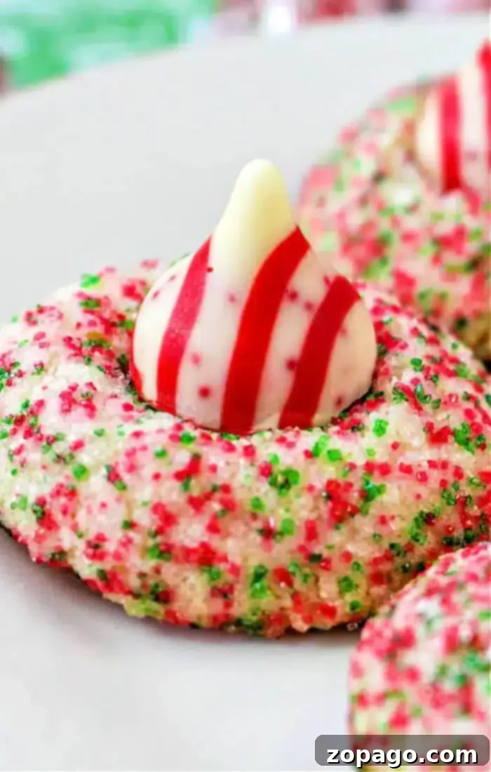 Petal Perfect Cookies 2 A festive cookie covered in red and green sugar sprinkles features a striped red and white Hershey Kiss shaped like a drop on top. Perfect for Christmas, this treat sits elegantly on a white plate.