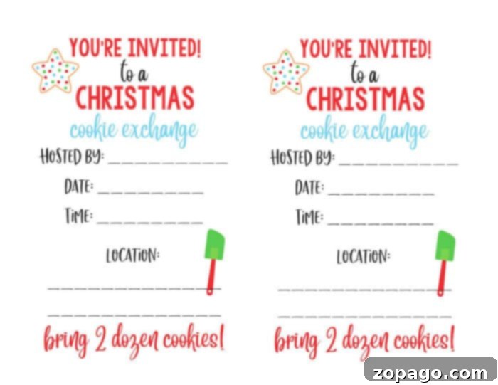Christmas Cookie Exchange invitation with spaces for "Hosted By," "Date," "Time," and "Location." Design features a star and green spatula, with "bring 2 dozen cookies!" noted twice.