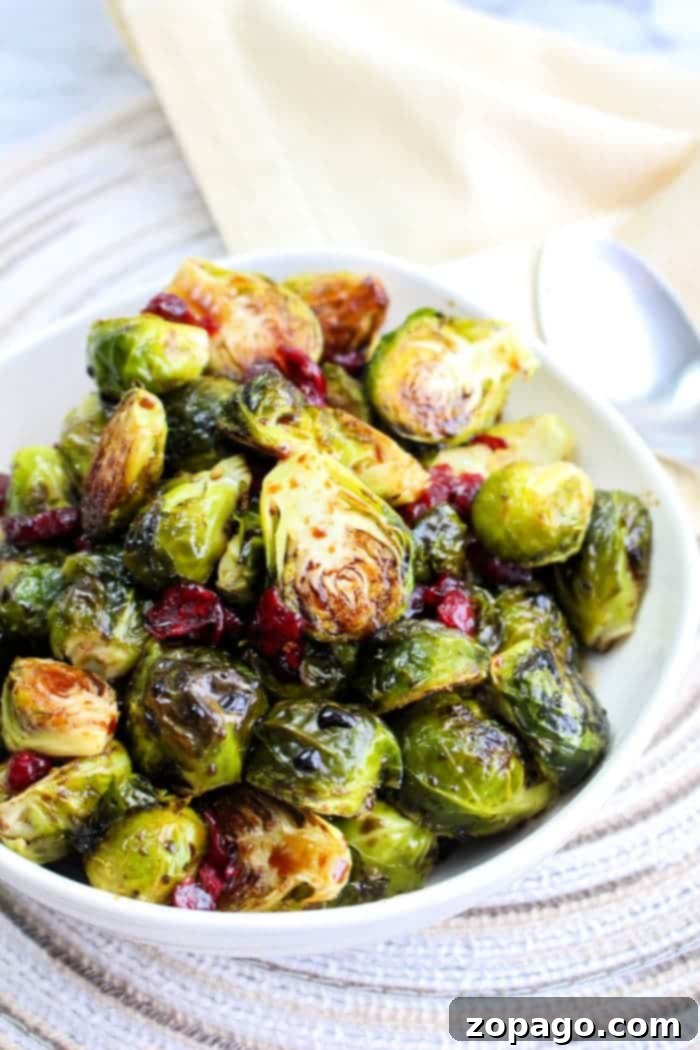 Perfect Microwave Brussels Sprouts 6 A bowl of Brussels sprouts with cranberries sits on the table, accompanied by a spoon, offering a delightful taste. Discover the ease of preparation by learning how to microwave Brussels sprouts for a quick and delicious alternative.