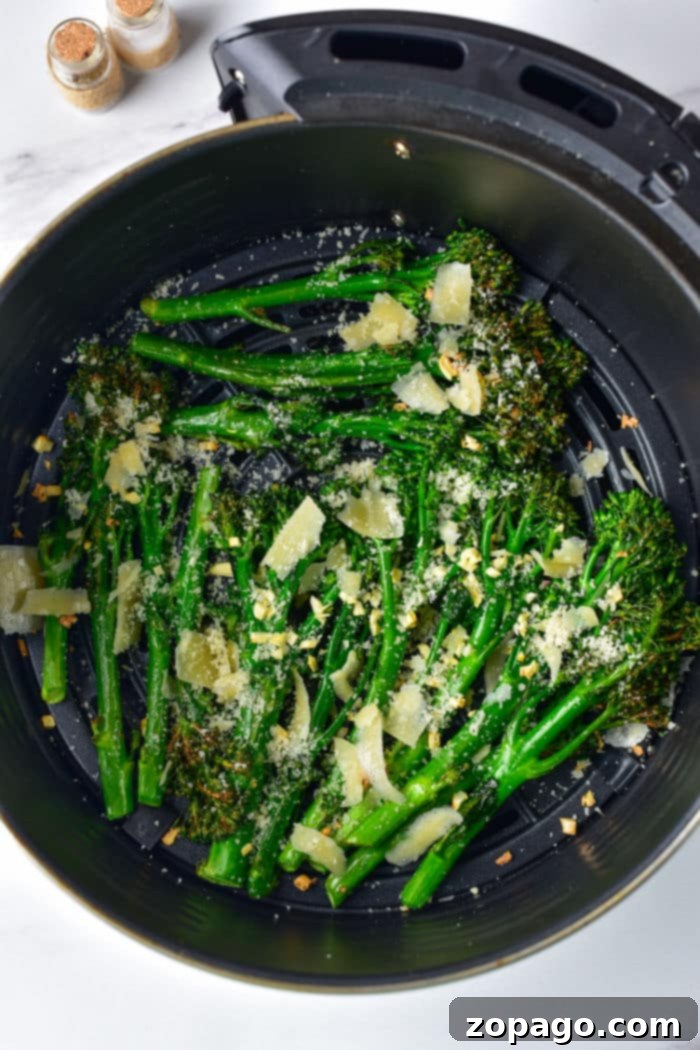 Crispy Air Fryer Broccolini 5 Best Broccolini Recipe, close up of perfectly cooked florets