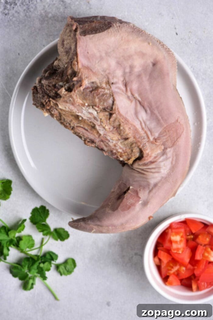 Lengua Tacos 4 Cooked beef tongue ready for slicing and dicing