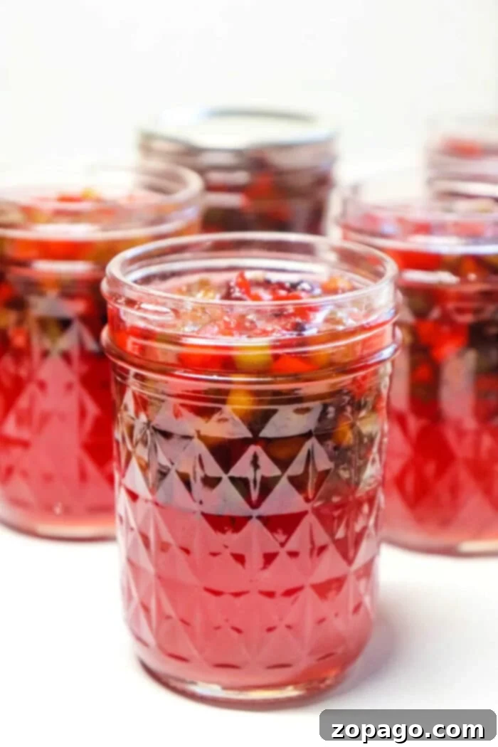 Surefire Homemade Plum Jelly 2 Jars filled with radiant red plum jelly preserves, showcasing elegant patterned glass designs.