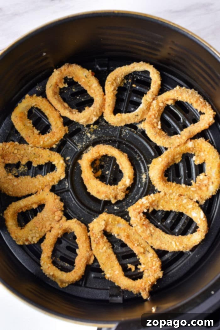 Crispy Fried Calamari 5 Breaded squid rings reminiscent of Olive Garden's calamari are arranged in a circular pattern inside an air fryer basket.