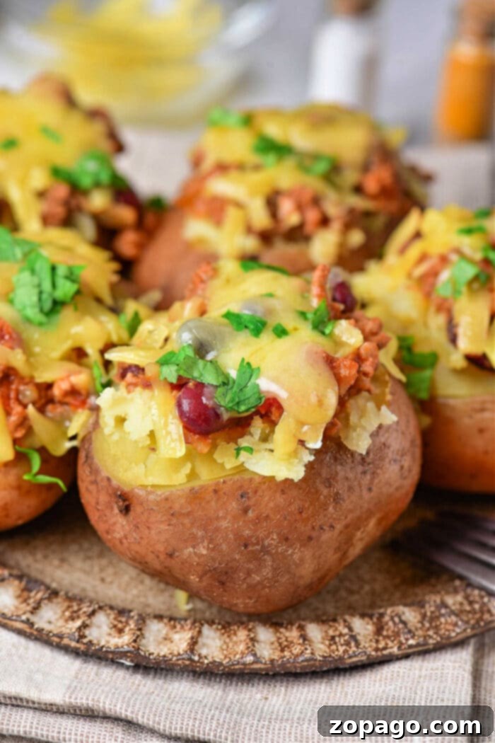 Perfectly Roasted Red Potatoes 2 A close-up of baked red potatoes topped with chili, melted cheese, and garnished with chopped cilantro on a plate. The potatoes are arranged on a beige cloth, with a blurred background featuring a bowl and condiment containers.