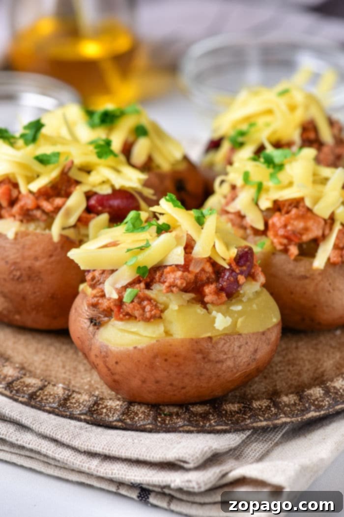Perfectly Roasted Red Potatoes 7 Three baked red potatoes topped with chili, shredded cheese, and chopped parsley are displayed on a rustic, round wooden plate. The plate is placed on a folded beige cloth. In the background are glass containers, slightly out of focus.