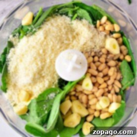Combine all the fresh ingredients for pesto with pine nuts in a food processor, including vibrant spinach, aromatic garlic, and rich cheese.