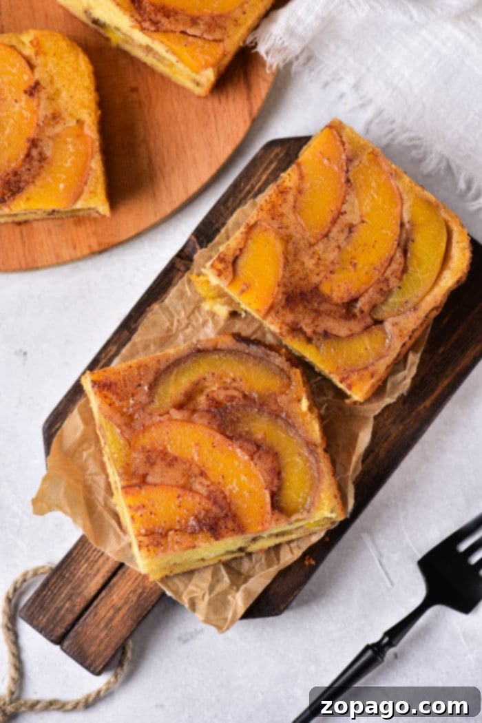 Golden Peach Delight 8 A slice of warm peach cake, ready to be served