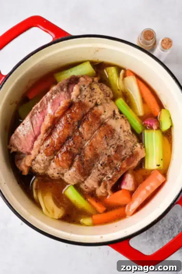 Slow Roasted Beef Shoulder 4 A robust beef roast cooks slowly in a vibrant red cast iron Dutch oven, surrounded by a medley of garden vegetables including crisp carrots, tender celery, and fragrant onions, all simmering together in a luscious brown broth. The tender shoulder cut absorbs all the rich flavors, promising a delightful culinary experience. In the background, two small spice containers are visible, hinting at the aromatic preparation.