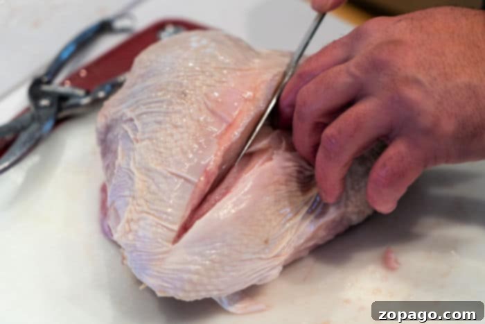 Breaking Down a Raw Turkey 8 Technique for separating raw turkey breasts for individual cooking